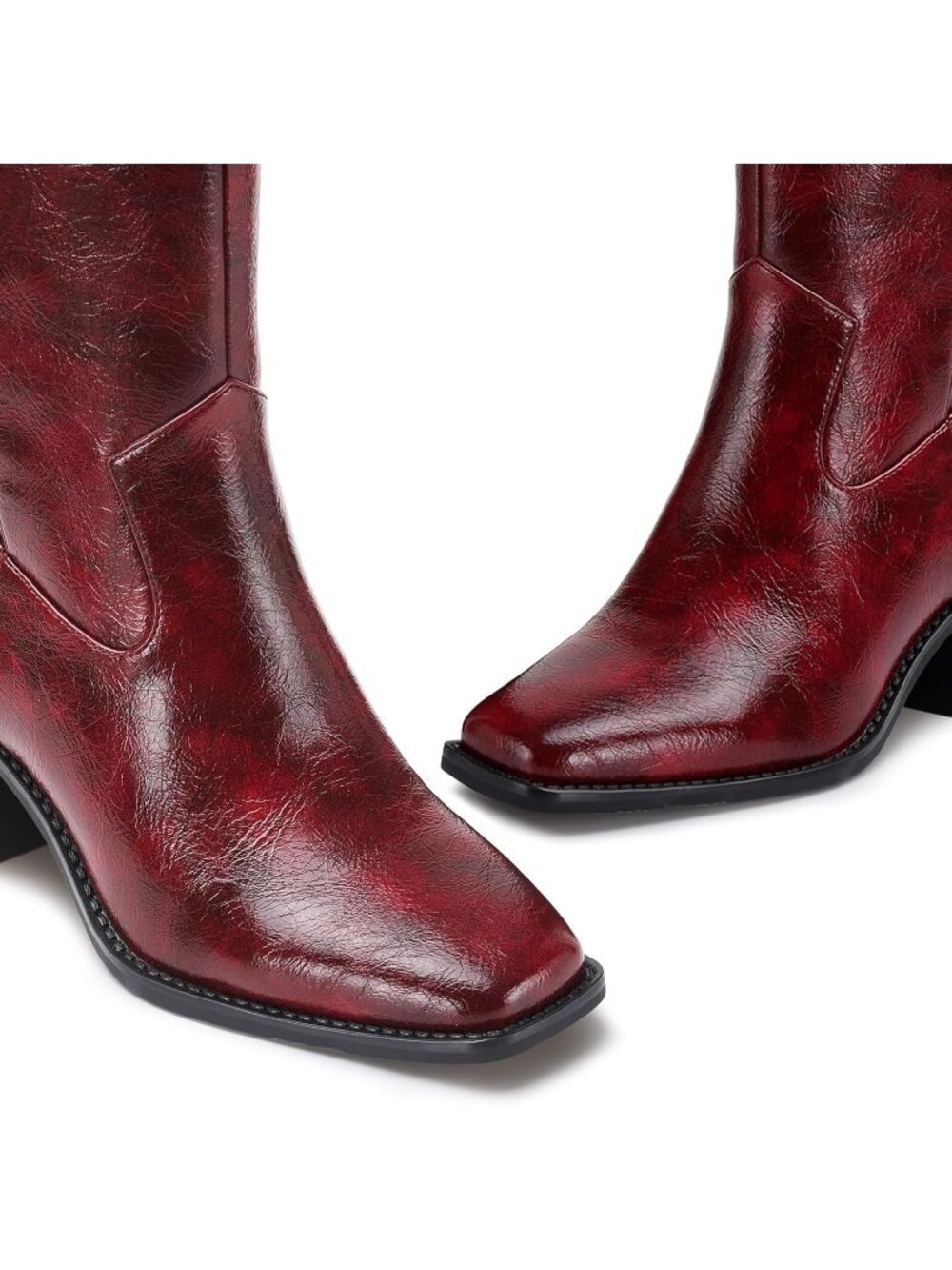 Women's Red Polyurethane Knee High Boots Squared Toe Chunky Heel Tall Boots - Picture 4 of 6